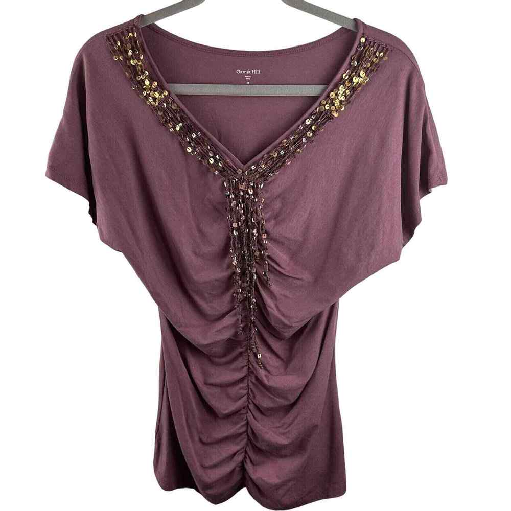 Garnet Hill Womens XS V Neck Sequin Tassel Trim Ruched Mauve Short Sleeve Blouse